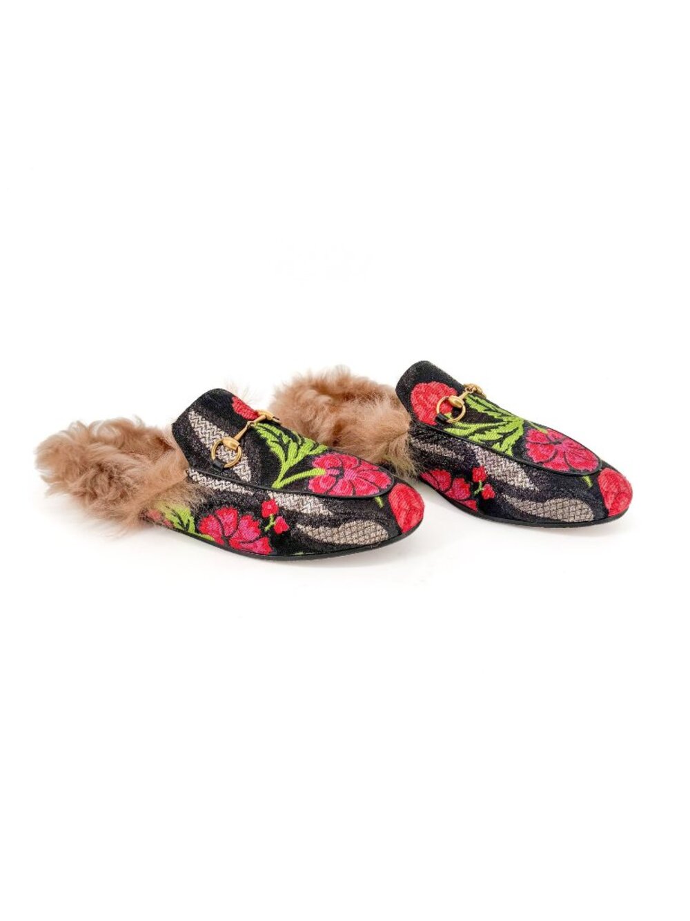 Gucci Princetown Horsebit Fur Mules Black Floral Brocade Size 39 US 9 Women’s